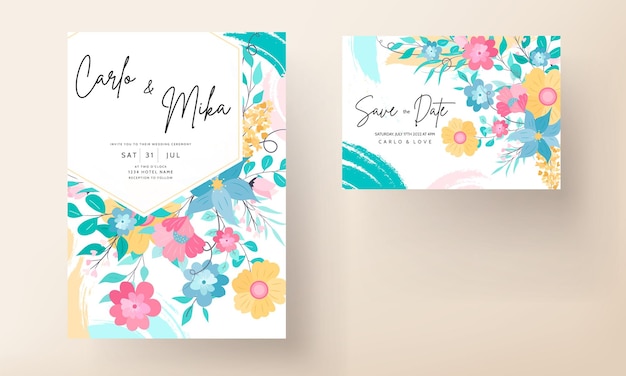 Hermosa tarjeta de invitación colorida con flores dibujadas a mano