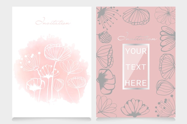 Hermosa tarjeta de invitación con espacio para copiar su texto. delicadas flores de vector doodle dibujados a mano. banner de celebración (cartel) para tarjetas de diseño, invitaciones de boda, cumpleaños o día de san valentín.