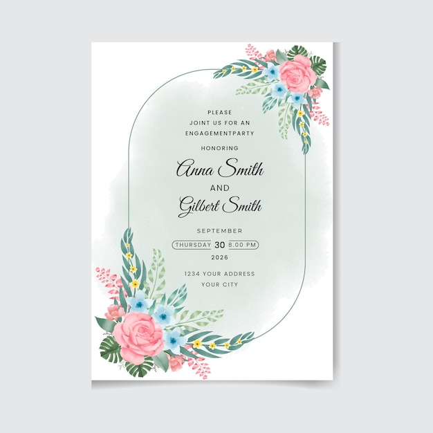 Hermosa tarjeta de invitación con hojas y flores para una boda