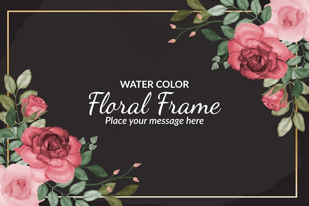 Hermosa tarjeta de marco floral negro o plantilla de banner con acuarela Vector Premium