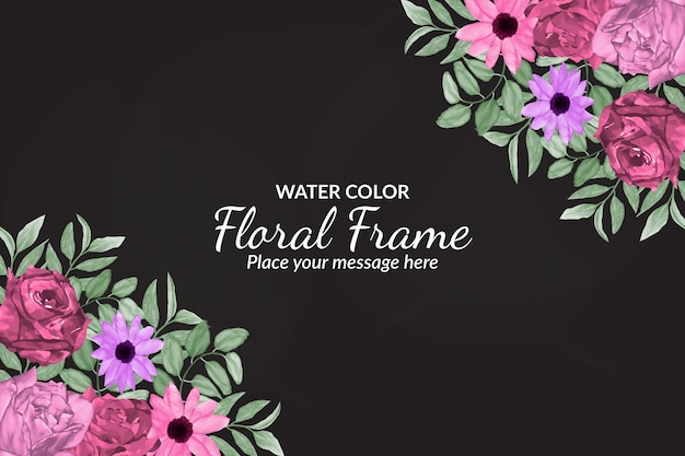 Hermosa tarjeta de marco floral negro o plantilla de banner con acuarela vector premium