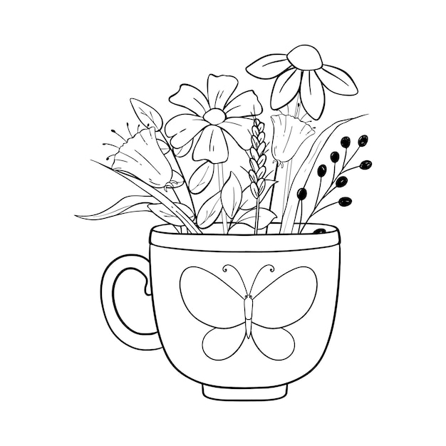 Una hermosa taza de té floral con un elegante diseño de mariposa perfecta para actividades de coloreo