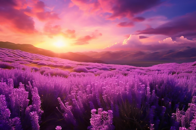 Vector una hermosa vista de un campo de lavanda en flor al atardecer