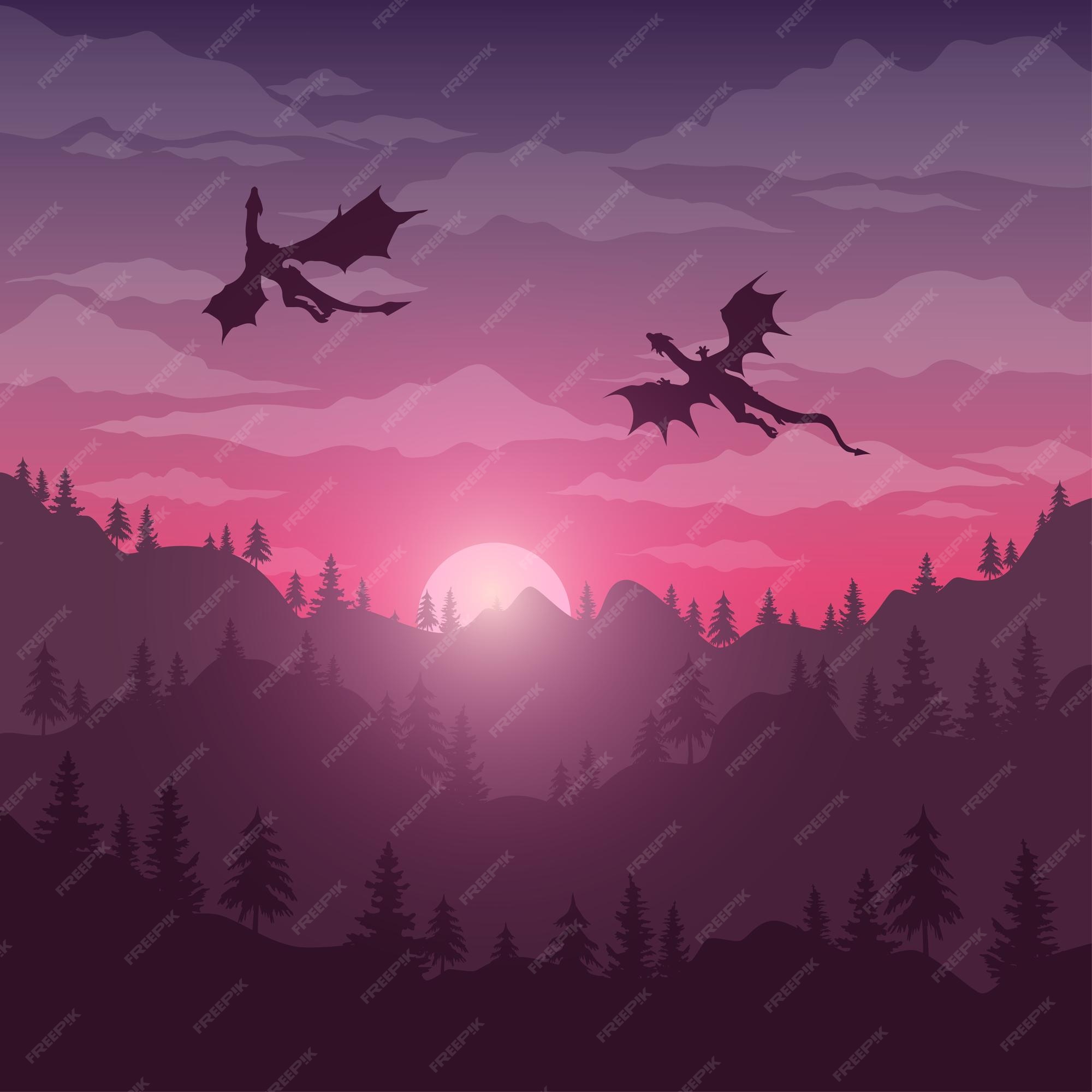 Hermosa vista de dos dragones sobre las montañas y el bosque antes del amanecer fondo de pantalla de house of the dragon | Vector Premium Hermosa vista de dos dragones sobre las montañas y el bosque antes del amanecer fondo de pantalla de house of the dragon | Vector Premium