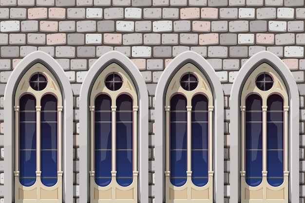 Una hermosa vista frontal de las ventanas de la iglesia medieval