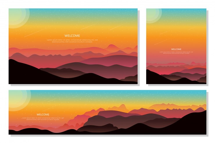 Vector hermosa vista de la montaña de noche. fondo degradado abstracto, diseño plano.