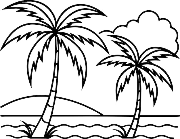 hermosa vista de la orilla del mar con algunas ilustraciones vectoriales de palma de coco