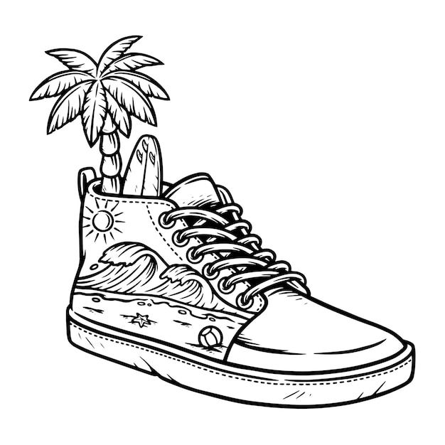 Hermosa vista de la playa en la ilustración de la línea de zapatos