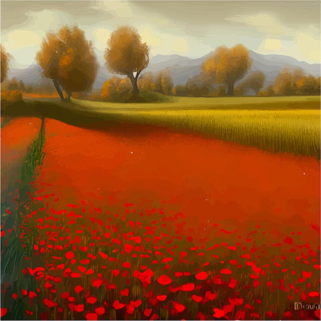 Vector hermosas amapolas rojas en el campo flor silvestre primavera naturaleza paisaje ilustración vectorial para interior