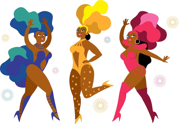 Hermosas bailarinas de samba, bailarinas de carnaval que bailan con trajes de plumas de colores.