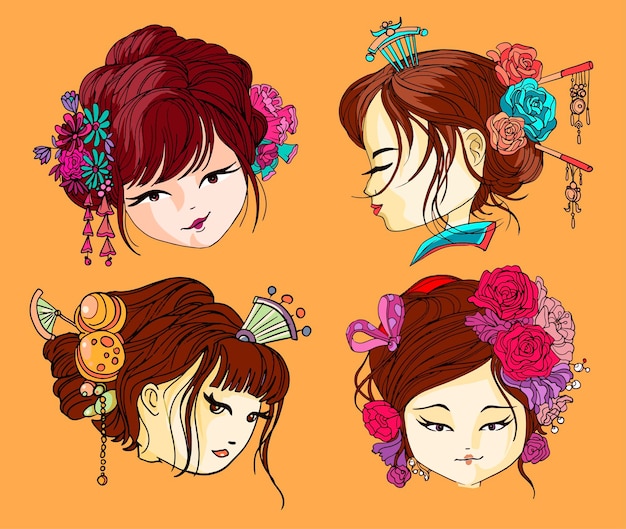 Hermosas cabezas de chicas japonesas y caras de emoción. Jóvenes fanáticos japoneses Geisha, antiguo kimono tradicional maquillaje maiko estilo de pelo tímido vector ilustración aislado