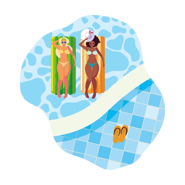 Vector hermosas chicas interraciales con colchón flotante en el agua