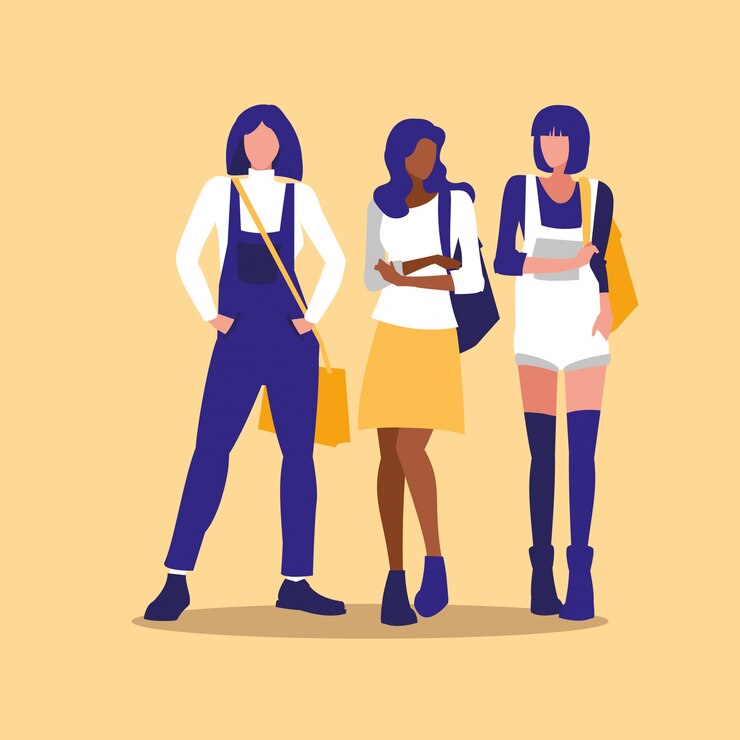 Vector hermosas chicas interraciales modelando en grupo con bolso