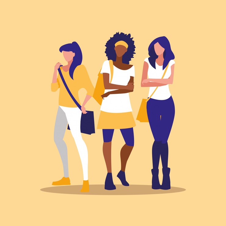Vector hermosas chicas interraciales modelando en grupo con bolso