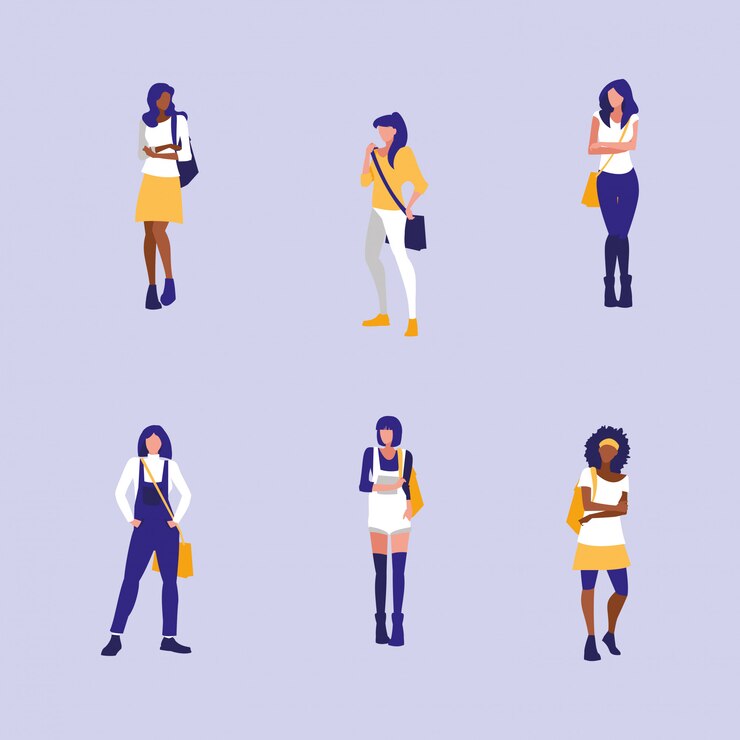 Vector hermosas chicas interraciales modelando en grupo con bolso