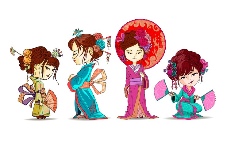 Vector hermosas chicas japonesas se ponen de pie y se sientan en kimono. joven geisha con paraguas, abanicos japoneses, antiguo kimono tradicional maquillaje maiko peinado tímido japonés ilustración aislada