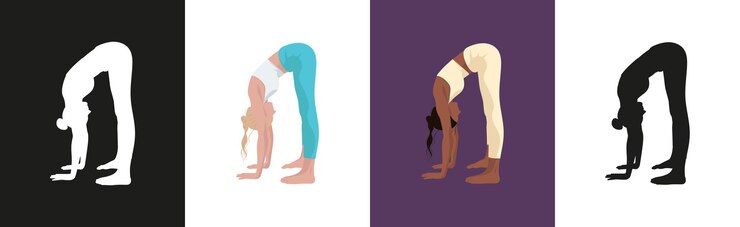 Vector hermosas chicas de silueta rubia negra se ponen en postura haciendo yoga deporte fitness en apartamento para carteles