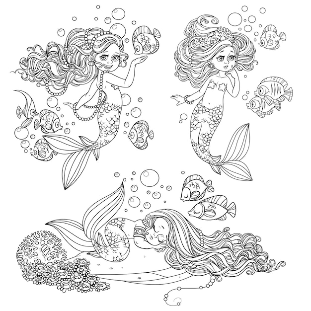 Hermosas chicas sirenas con peces delineados para colorear página aislada en un fondo blanco
