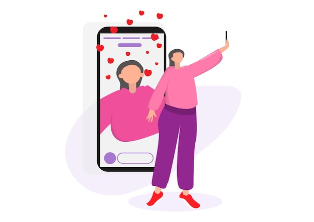 Hermosas chicas tomando selfies en la aplicación de un teléfono móvil para hacer amigos presione en forma de corazón vector ilustración estilo plano dibujos animados