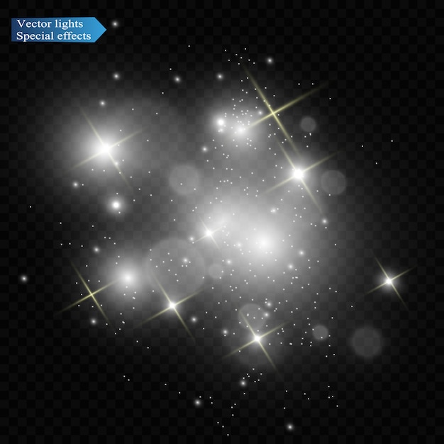Hermosas chispas brillan con una luz especial. Vector brilla sobre un fondo transparente. Patrón abstracto de Navidad. Una hermosa ilustración para la postal. El fondo de la imagen. Luminarias.