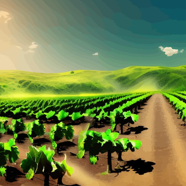 Vector hermosas colinas de plantaciones de uva árboles nubes contra el telón de fondo de montañas en el horizonte vector