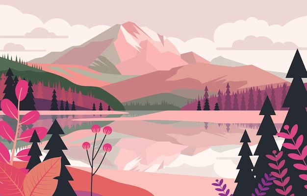 Vector hermosas y coloridas vistas de la naturaleza de la montaña del lago con pinos y plantas