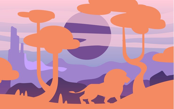 Vector hermosas escenas de la naturaleza pacífico paisaje de sabana con plantilla de león para la revista de carteles de bandera