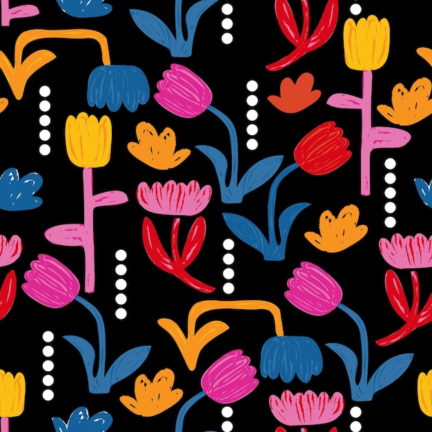 Hermosas flores botánicas modernas dibujadas a mano y vector de patrón sin costuras de plantas EPS10 Diseño para envoltura de papel tapiz textil de tela de moda y todas las impresiones en blackxAxA