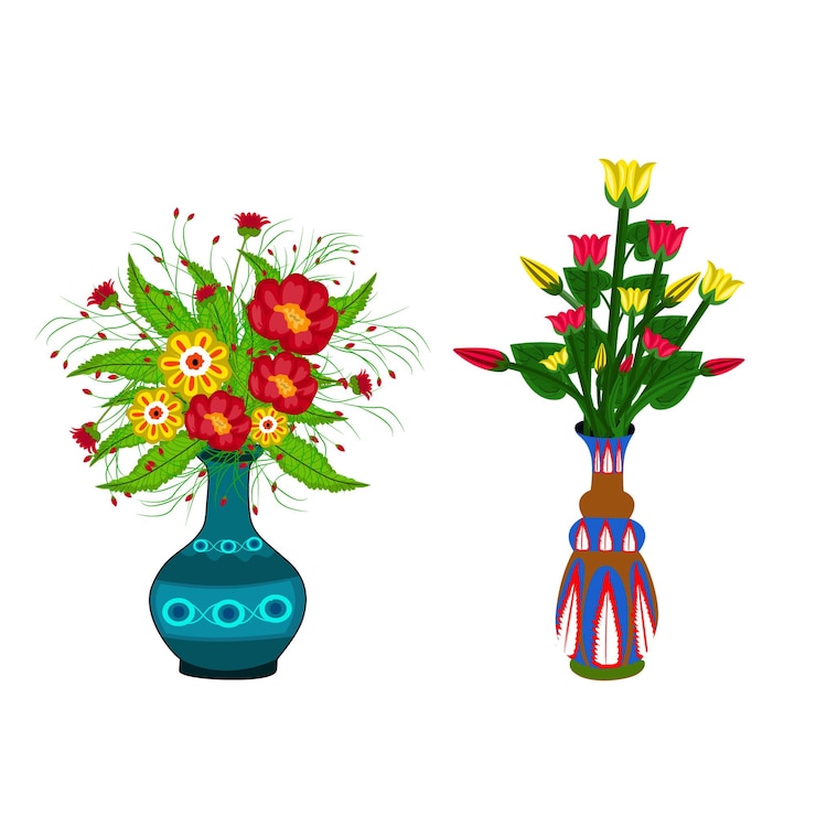 Vector hermosas flores de colores en la ilustración de vector de dibujos animados de florero