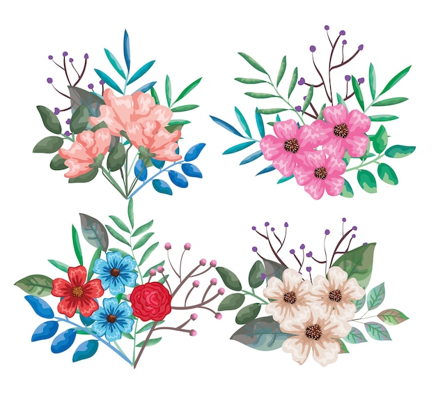 hermosas flores y decoración de hojas