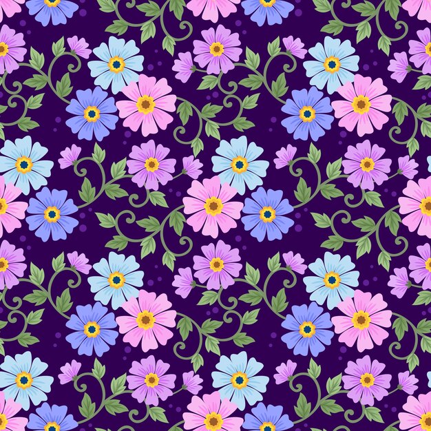 Vector hermosas flores florecientes en fondo de color púrpura patrón sin costuras se puede usar para papel tapiz textil de tela