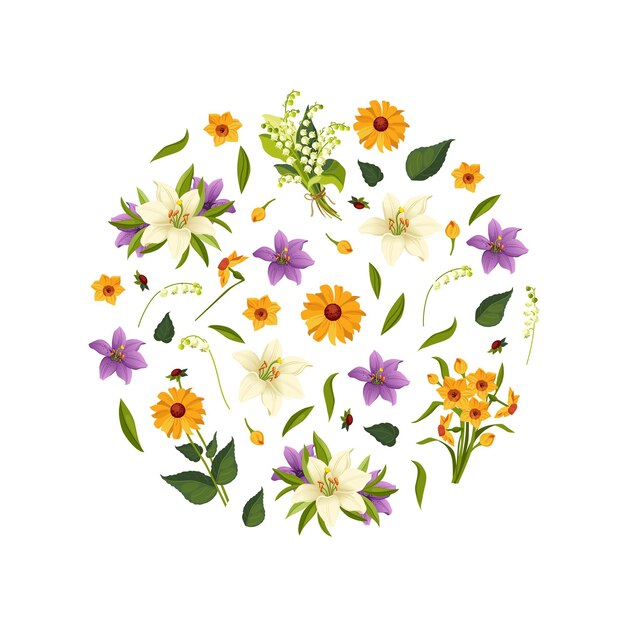 Hermosas flores de forma redonda Diseño floral decorativo Ilustración vectorial de elementos