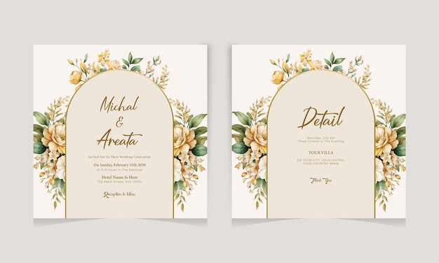 Hermosas flores y hojas de acuarela tarjeta de invitación de boda