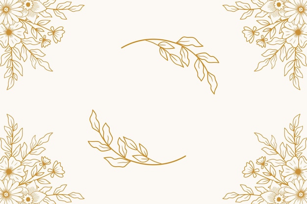 Hermosas flores y hojas doradas dibujadas a mano sobre fondo blanco para invitaciones de boda