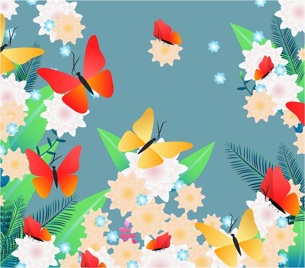 Hermosas flores, hojas y mariposas sobre fondo azul. Diseño de ilustración vectorial editable