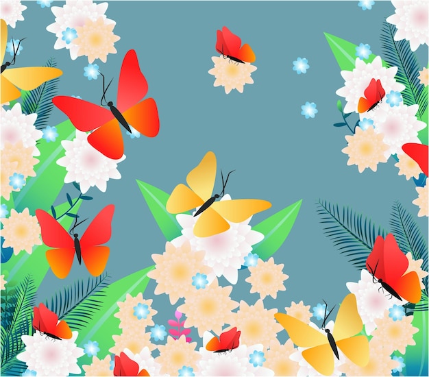 Hermosas flores, hojas y mariposas sobre fondo azul. diseño de ilustración vectorial editable