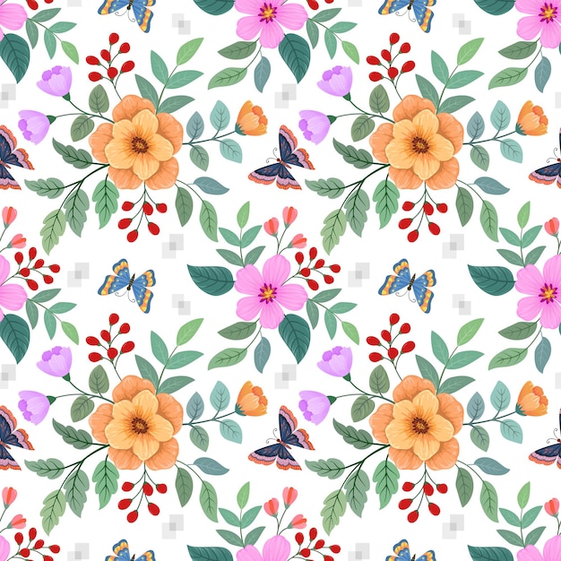 Hermosas flores y hojas verdes con patrones sin fisuras de mariposas.
