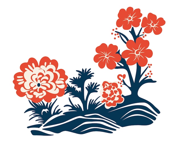Hermosas flores en una ilustración vectorial de estilo japonés