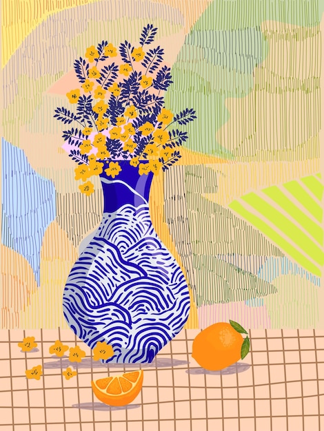 Hermosas flores en jarrón porcelana cerámica ilustración vectorial dibujada a mano diseño de plantas florales