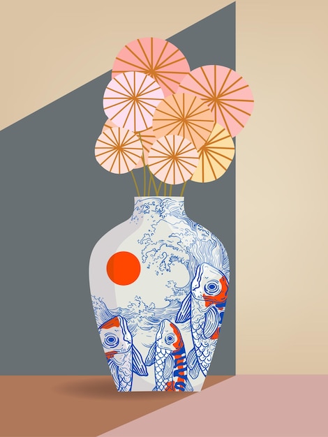 Hermosas flores en jarrón porcelana cerámica ilustración vectorial dibujada a mano diseño de plantas florales