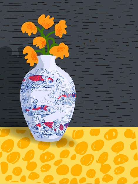 Hermosas flores en jarrón porcelana cerámica ilustración vectorial dibujada a mano diseño de plantas florales