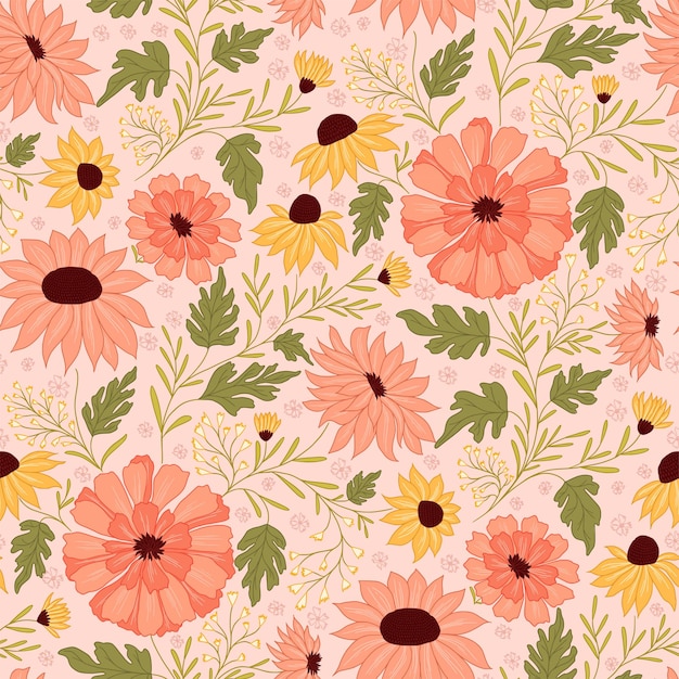 Hermosas flores de melocotón y rosa con un patrón de fondo suave