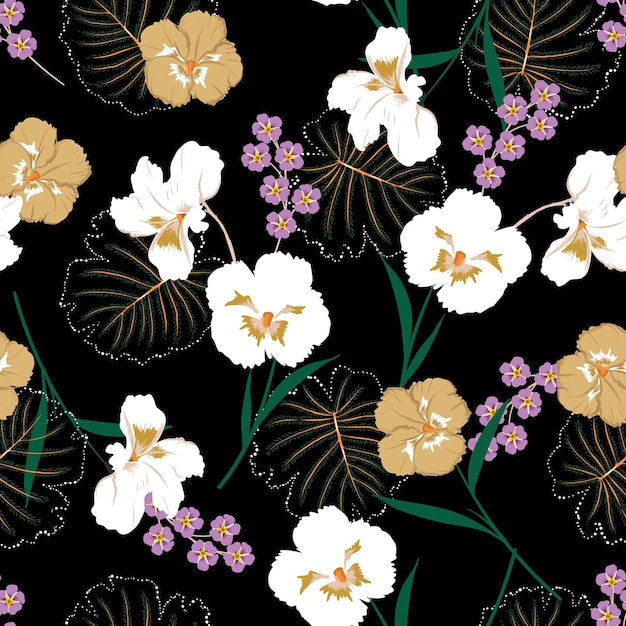 Hermosas flores de pensamiento florecientes y plantas botánicas flores de patrones sin fisuras vector eps10, diseño de moda, tela, textil, papel tapiz, portada, web, envoltura y todas las impresiones en negro