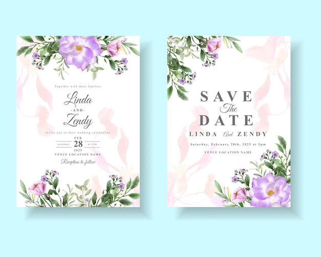 hermosas flores púrpuras plantilla de tarjeta de invitación de boda