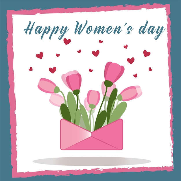 Hermosas flores de tulipanes en un sobre con texto feliz día de la mujer tarjetas de felicitación