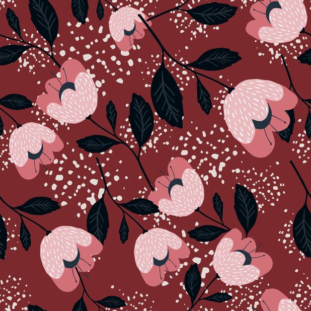 Hermosas flores vintage de patrones sin fisuras sobre fondo rojo. Textura de botánica. Papel tapiz floral. Diseño elegante y romántico para tela, estampado textil, envoltura, funda. Ilustración vectorial.