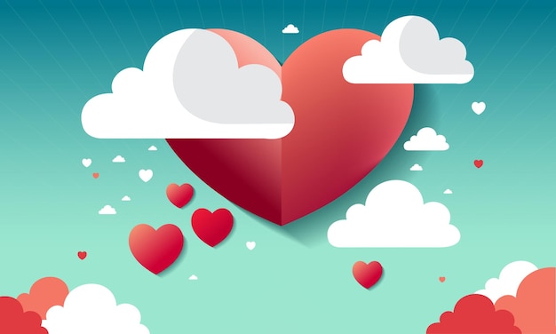 Hermosas formas de corazón de papel con nubes sobre fondo de rayos turquesa para el amor o el concepto de san valentín