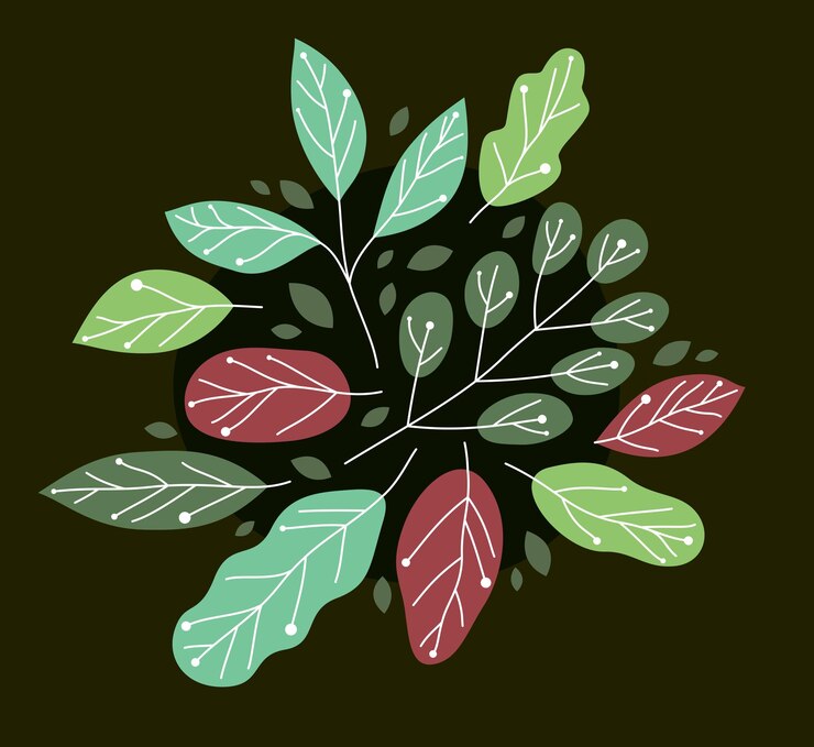 Vector hermosas hojas verdes frescas ilustración de vector de estilo plano sobre rark, dibujo de composición floral, diseño botánico.