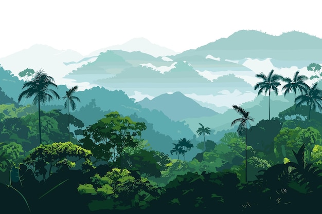 Hermosas ilustraciones de paisajes vectoriales un amanecer cálido y pacífico sobre las montañas el océano y el bosque