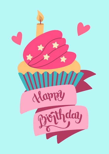 Vector hermosas letras de feliz cumpleaños escritas con elegante fuente caligráfica o guión carro de cumpleaños con cupcake